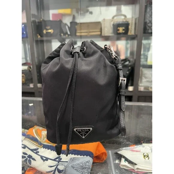 Prada Drawstring Wristlet Bucket Bag Tessuto Small